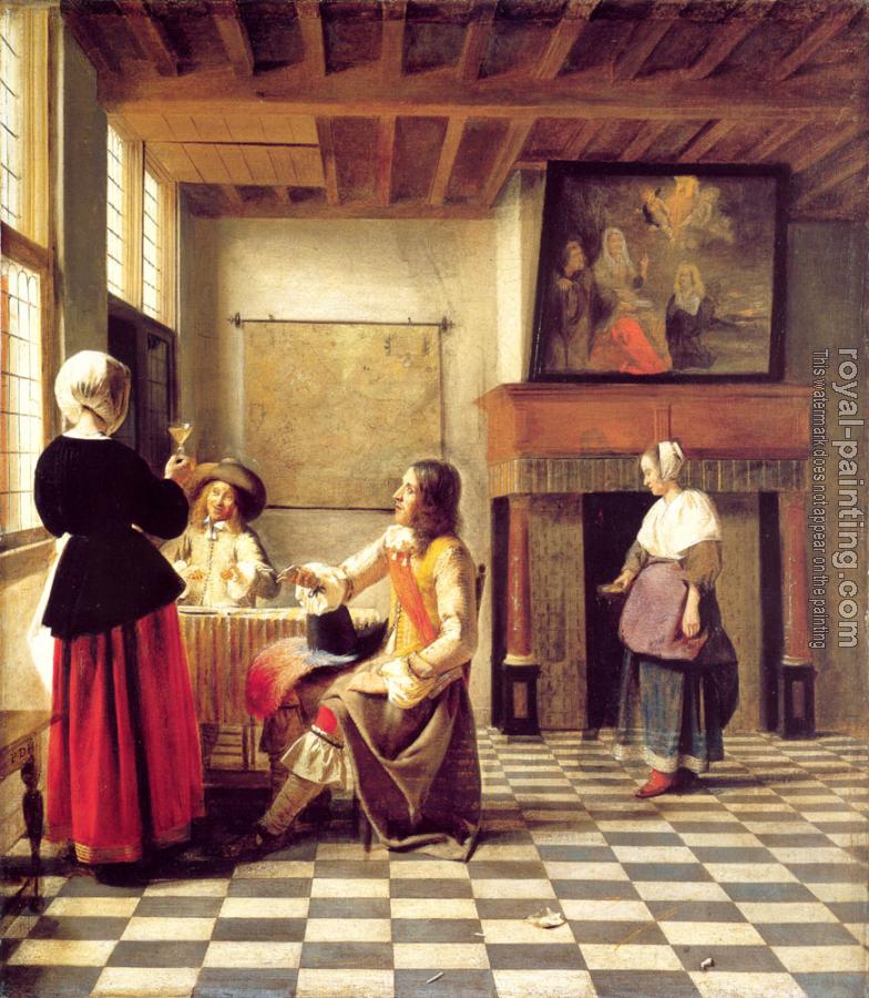 Pieter De Hooch : A Woman Drinking with Two Men and a Serving Woman